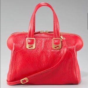 Authentic Fendi Red Leather Bag with Gold Accents